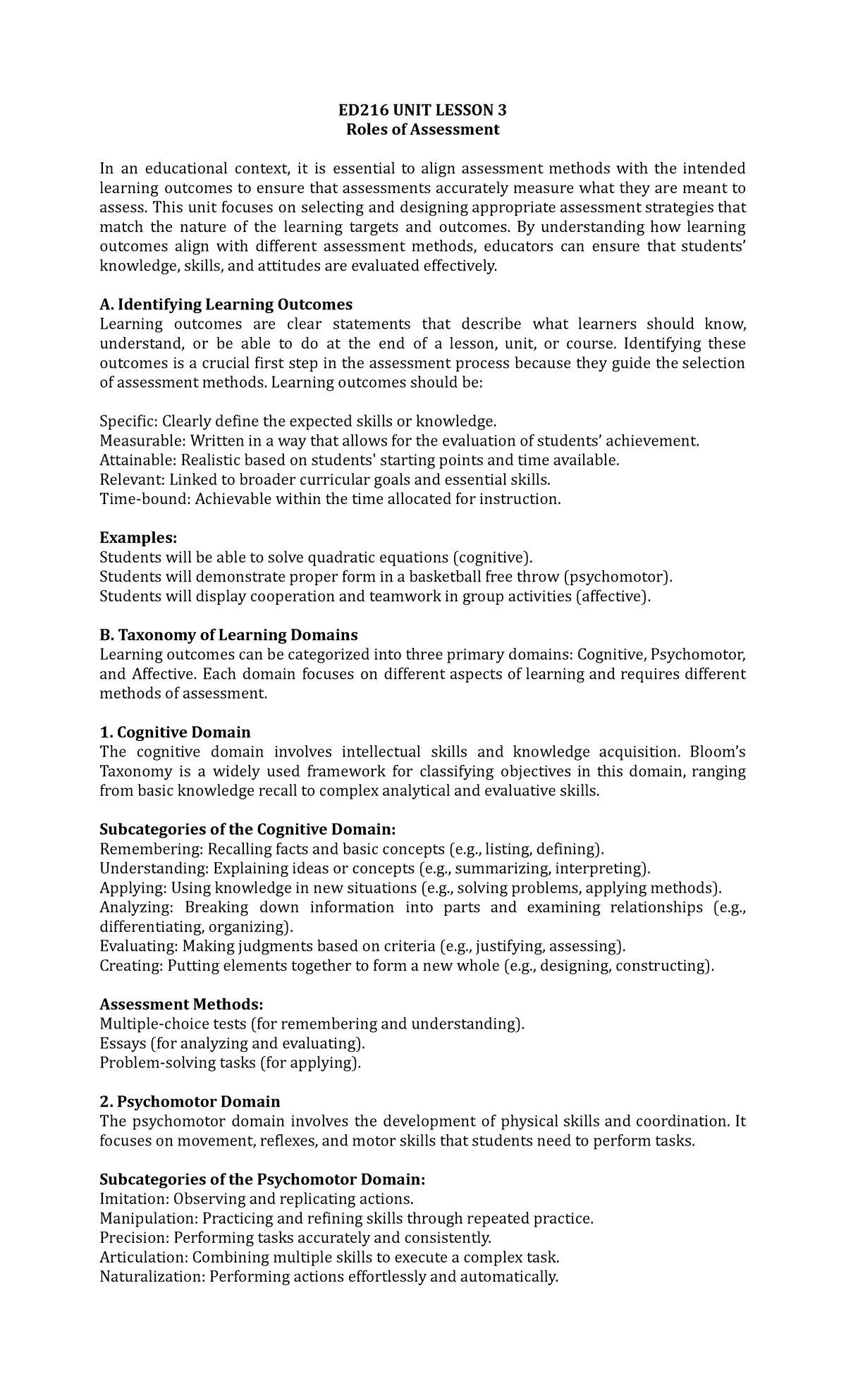 ED216 Lecture Notes 3: Effective Assessment Strategies in Learning ...