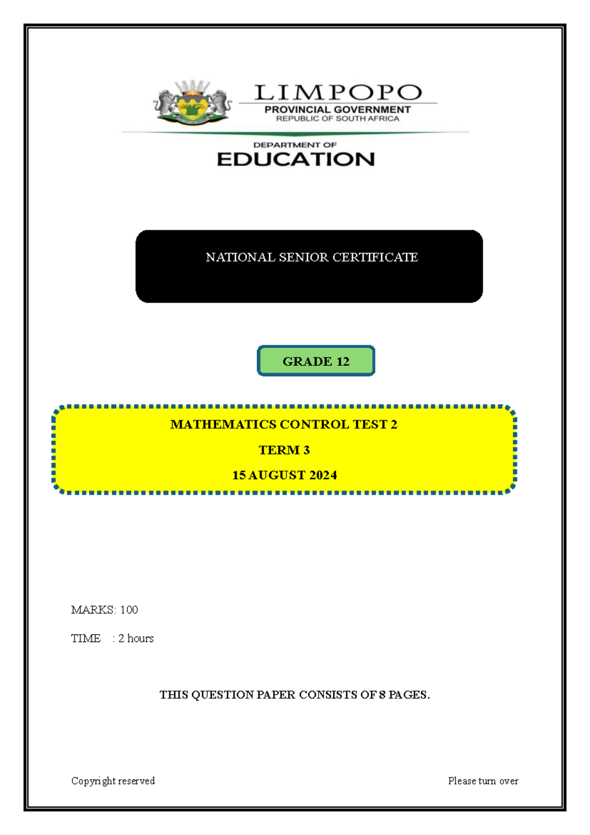 Grade 12 NSC Mathematics Control Test 2 - Capricorn North 2024 - Studocu