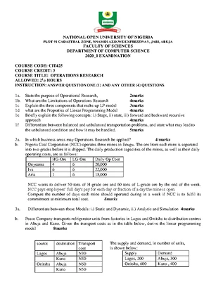 CIT425 April 2019 - Operations Research Exam Summary and Insights - Studocu