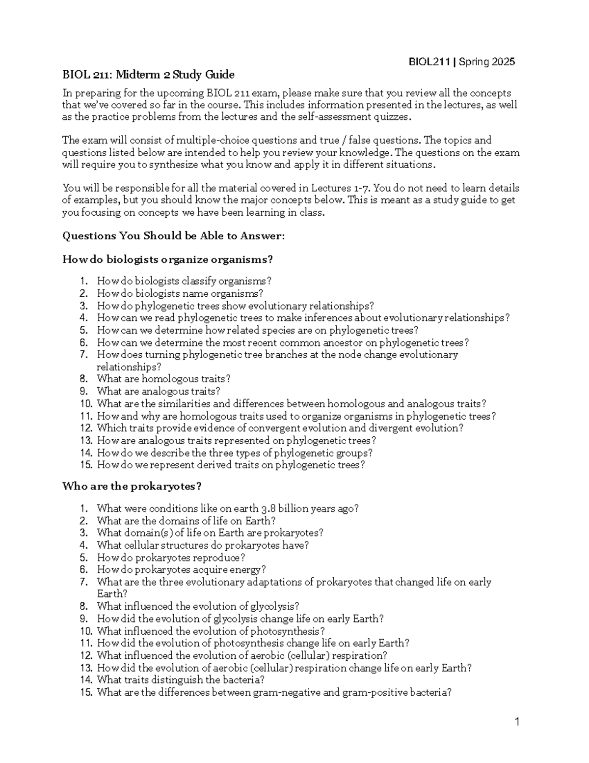 BIOL211 Spring 2025: Midterm 2 Study Guide for Exam Preparation - Studocu