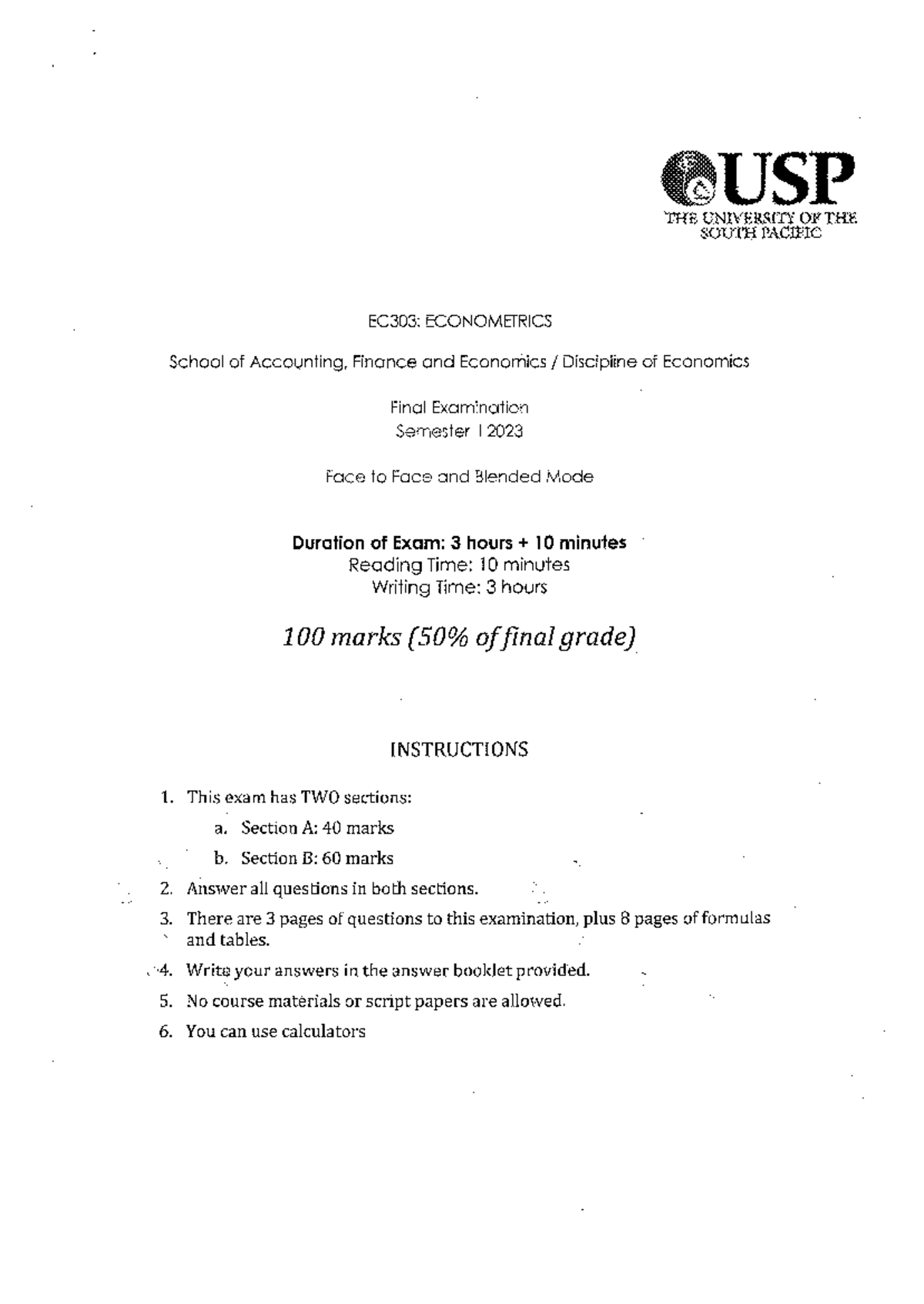 EC303 Econometrics Final Exam Guide - Semester II 2023 - Studocu