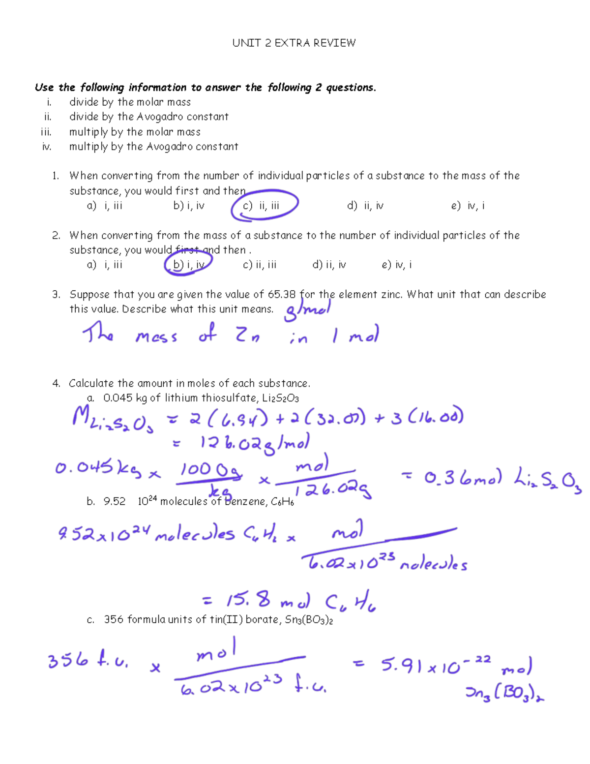 Unit 2 Extra Review Solutions for Molar Mass & Avogadro's Constant ...