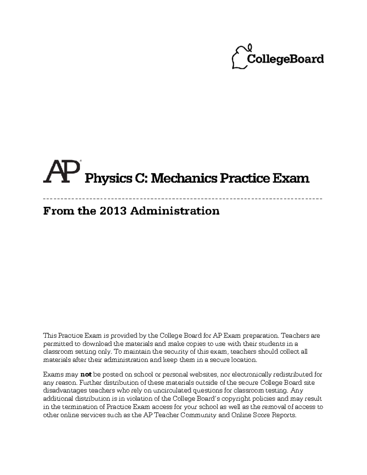 AP Physics C: Mechanics 2013 Practice Exam Questions - Studocu