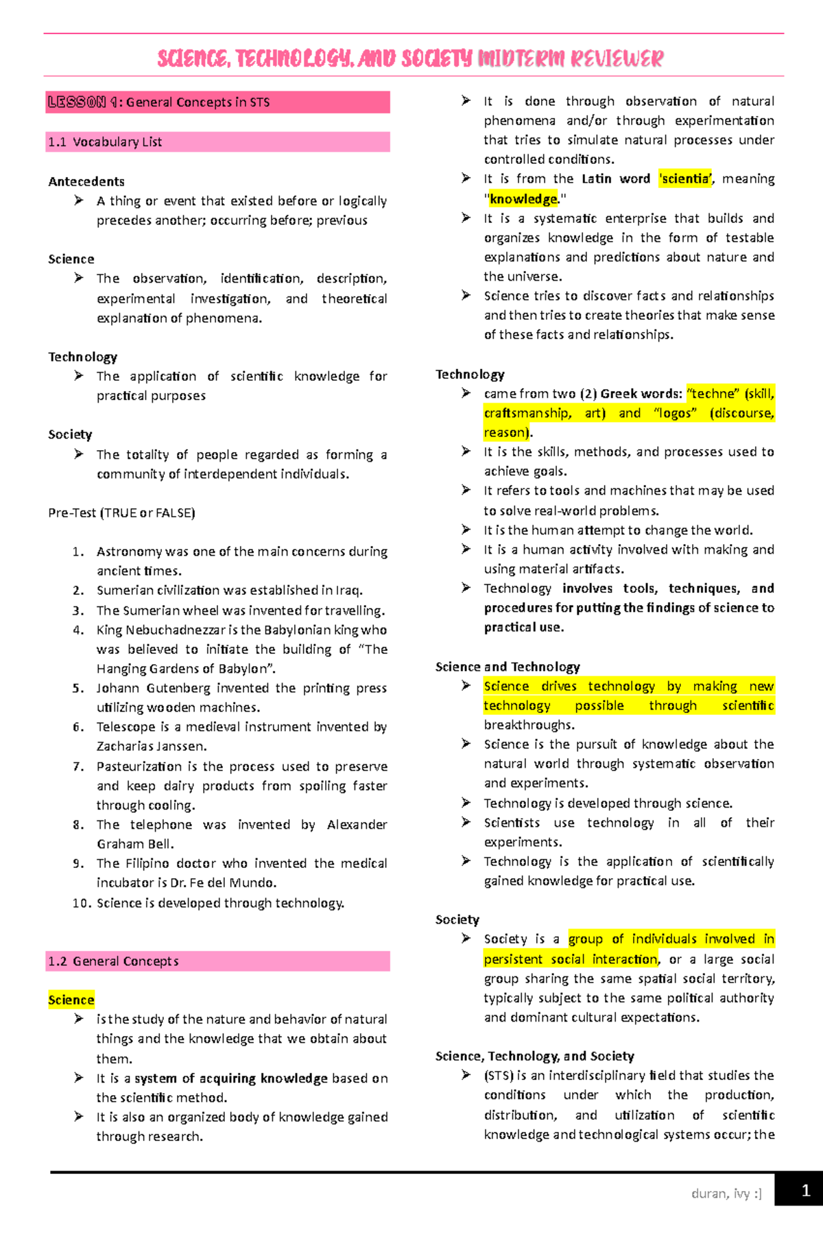 STS 101: Science, Technology, and Society Midterm Reviewer Guide - Studocu
