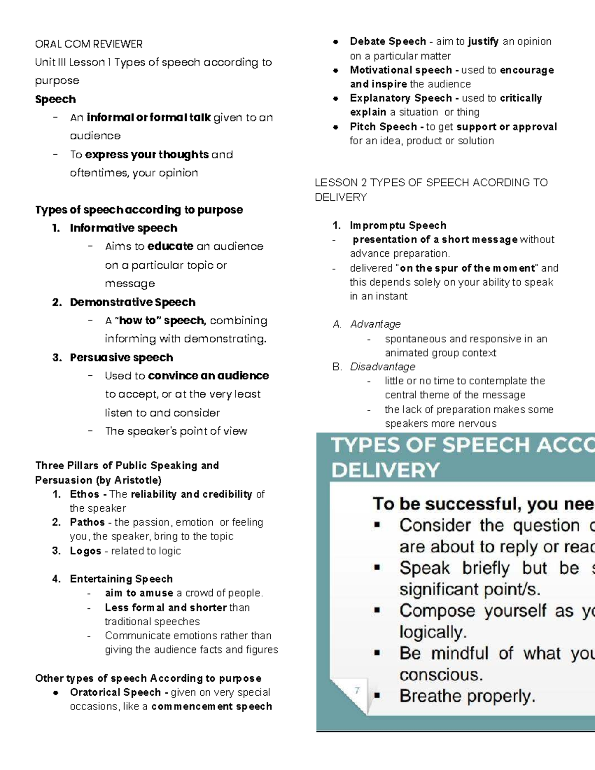 ORAL COM REVIEWER: Types of Speech & Delivery Principles for Grade 11 ...