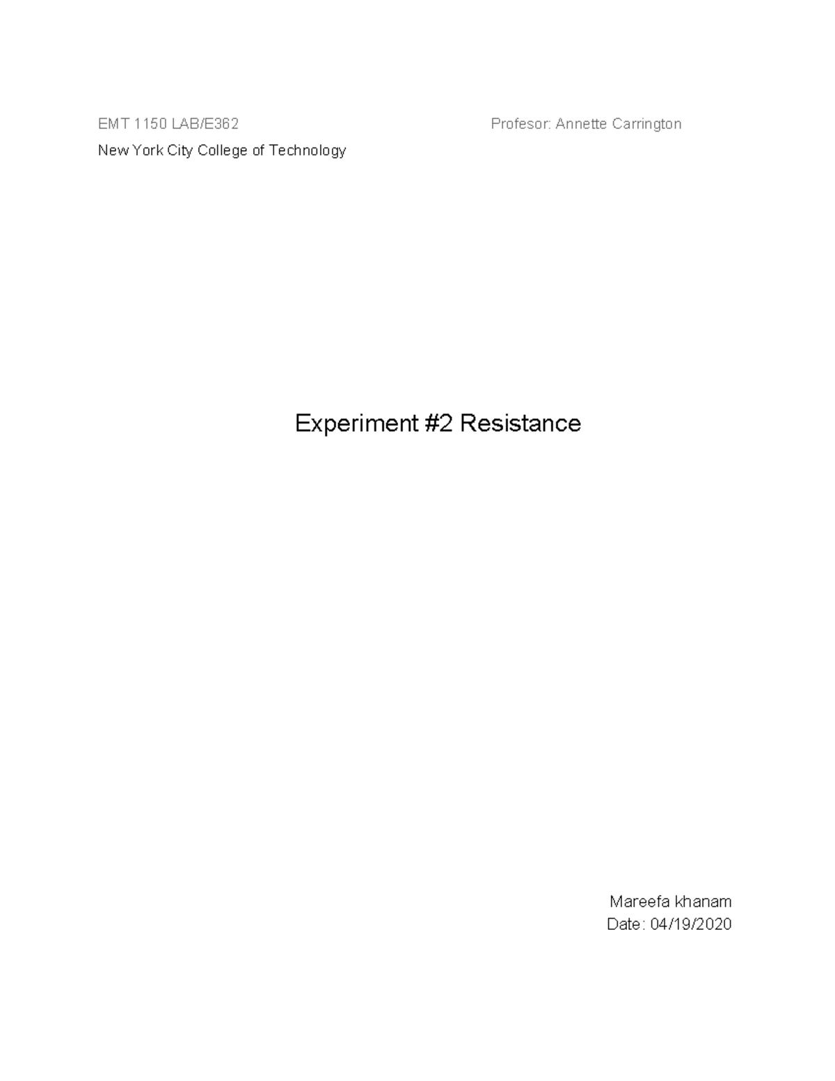 EMT 1150 Lab E362 - Experiment 2: Understanding Resistance Measurements ...