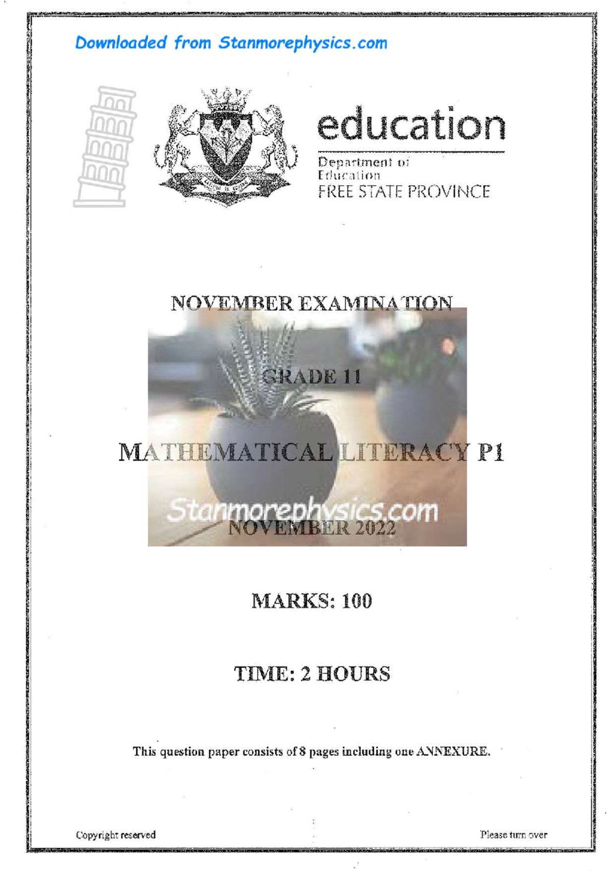 Grade 11 FS Maths Literacy Nov 2022 Exam Paper 1 & Memo - Studocu