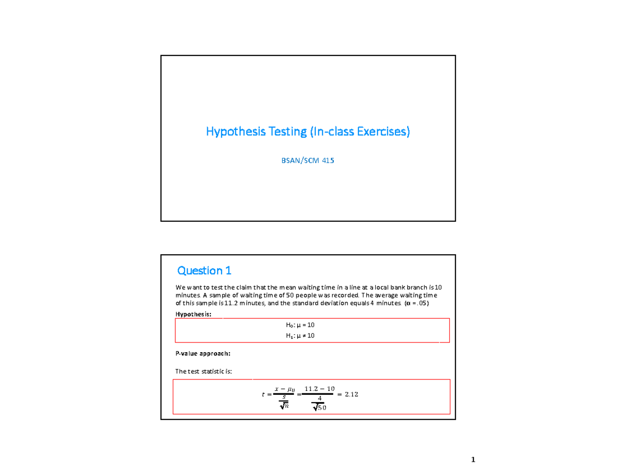 Hypothesis Testing (In-class Exercises) Partially Visible - Hypothesis ...
