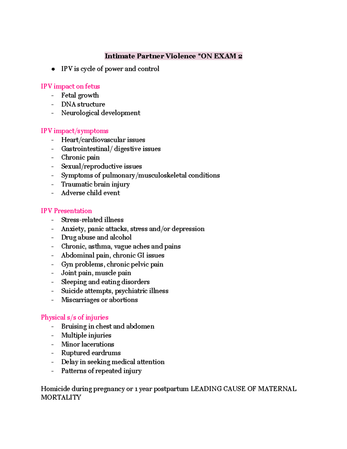 OB 102 Final Exam Study Guide: Key Concepts on Intimate Partner ...