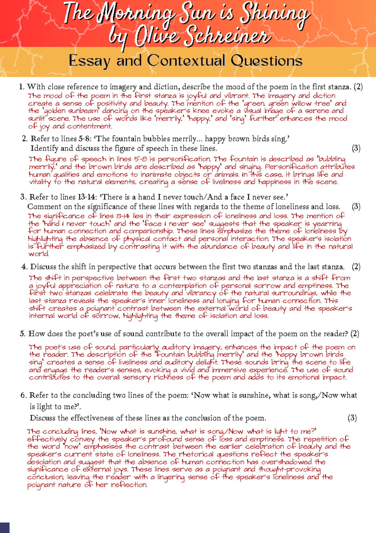 The Morning Sun is Shining: Essay & Contextual Questions (ENG 101 ...