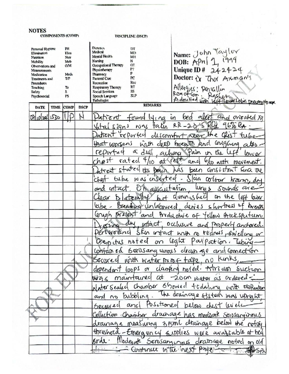 Chest Tube Charting - SAMPLE (COMP) Medical Notes for Patient Care ...