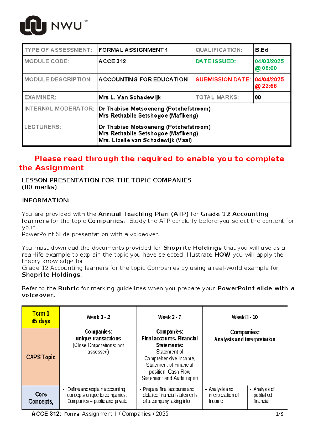 ACCE 312 - Assignment 1 QP: Directors and Auditors Overview - Studocu