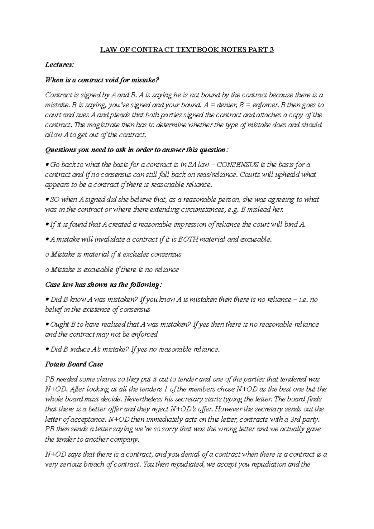 LAW OF CONTRACT TEXTBOOK NOTES PART 3: Understanding Mistakes in ...