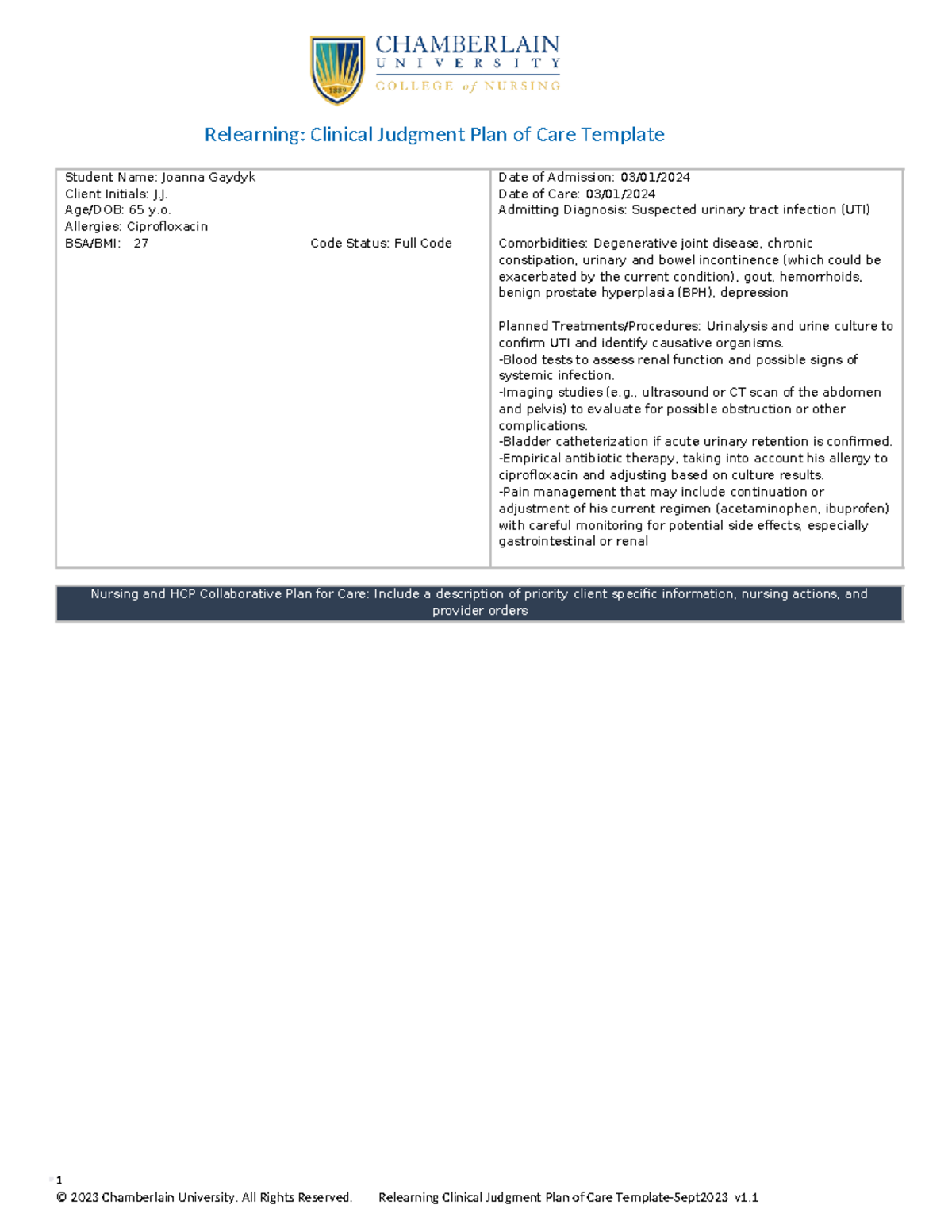J.J. Care Plan: Management for Suspected UTI and Comorbidities - Studocu