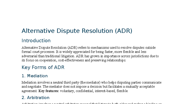 ADR (Alternative Dispute Resolution) - Summary Overview - Studocu