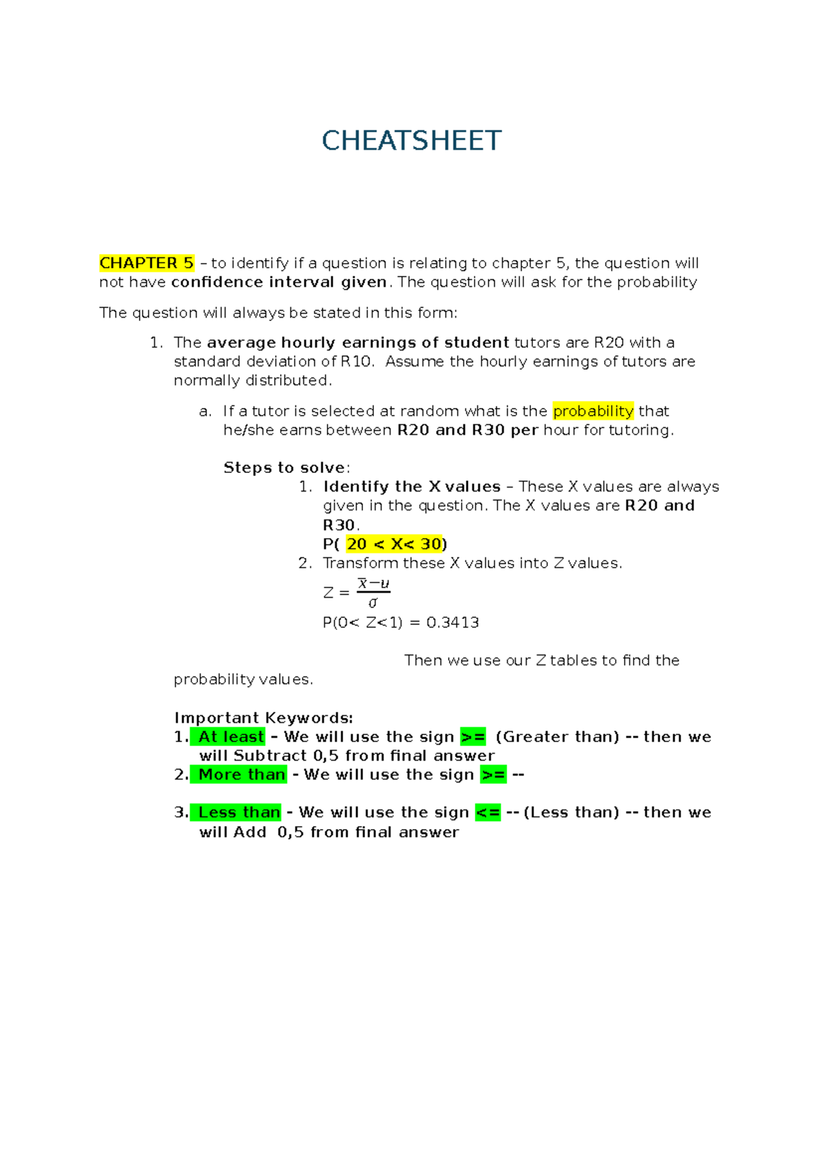 CHEATSHEET: PROBABILITY & HYPOTHESIS TESTING (CHAPTER 5) - Studocu