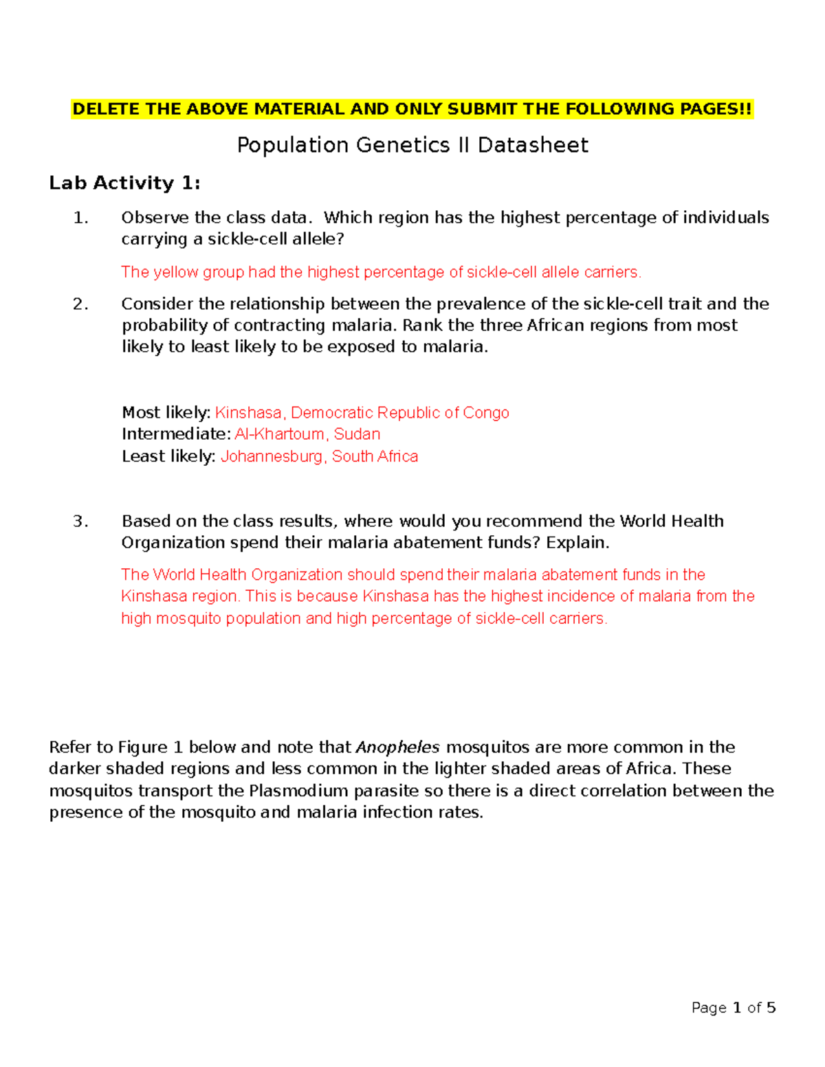 Population genetics II lab activity: Malaria and sickle cell trait ...