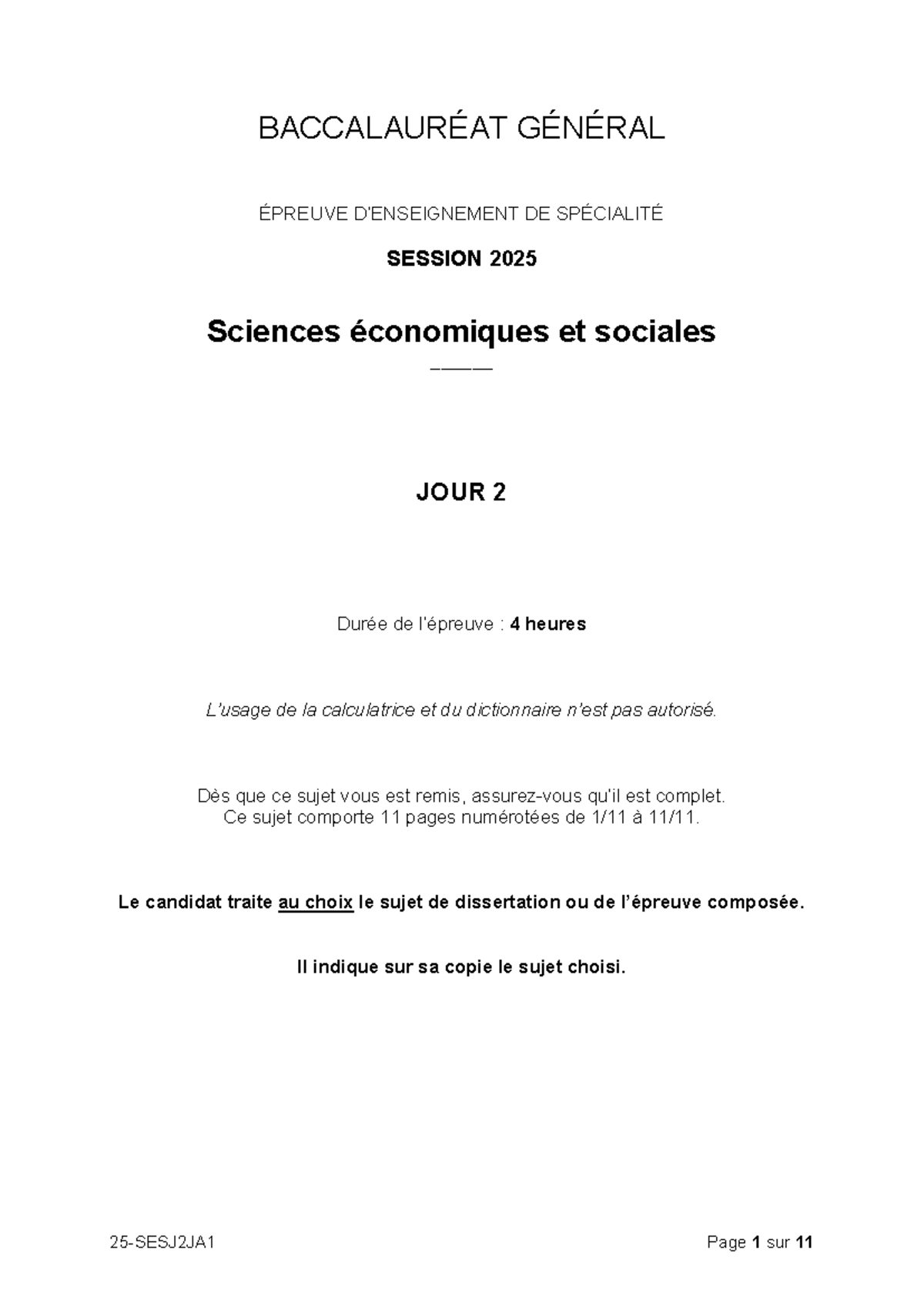 BACCALAURÉAT GÉNÉRAL ÉPREUVE DE SPÉCIALITÉ SES 2025 - Dissertation et ...