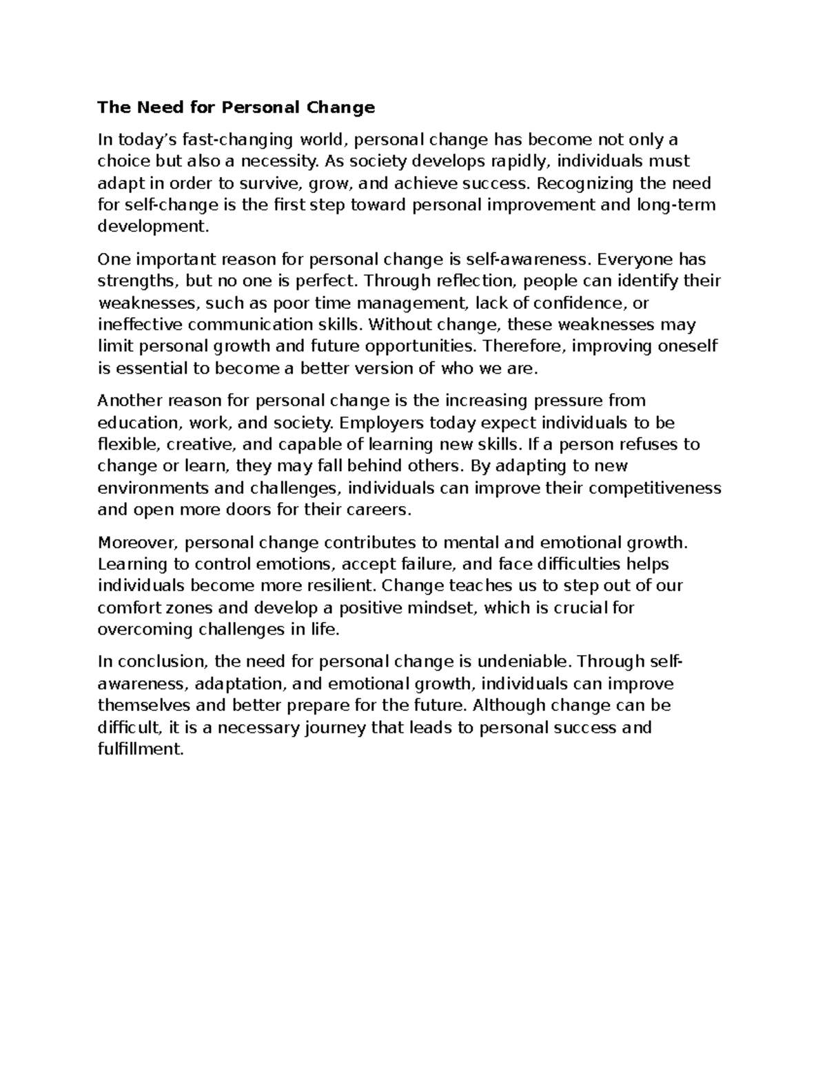 The Importance of Personal Change for Growth and Success - Studocu