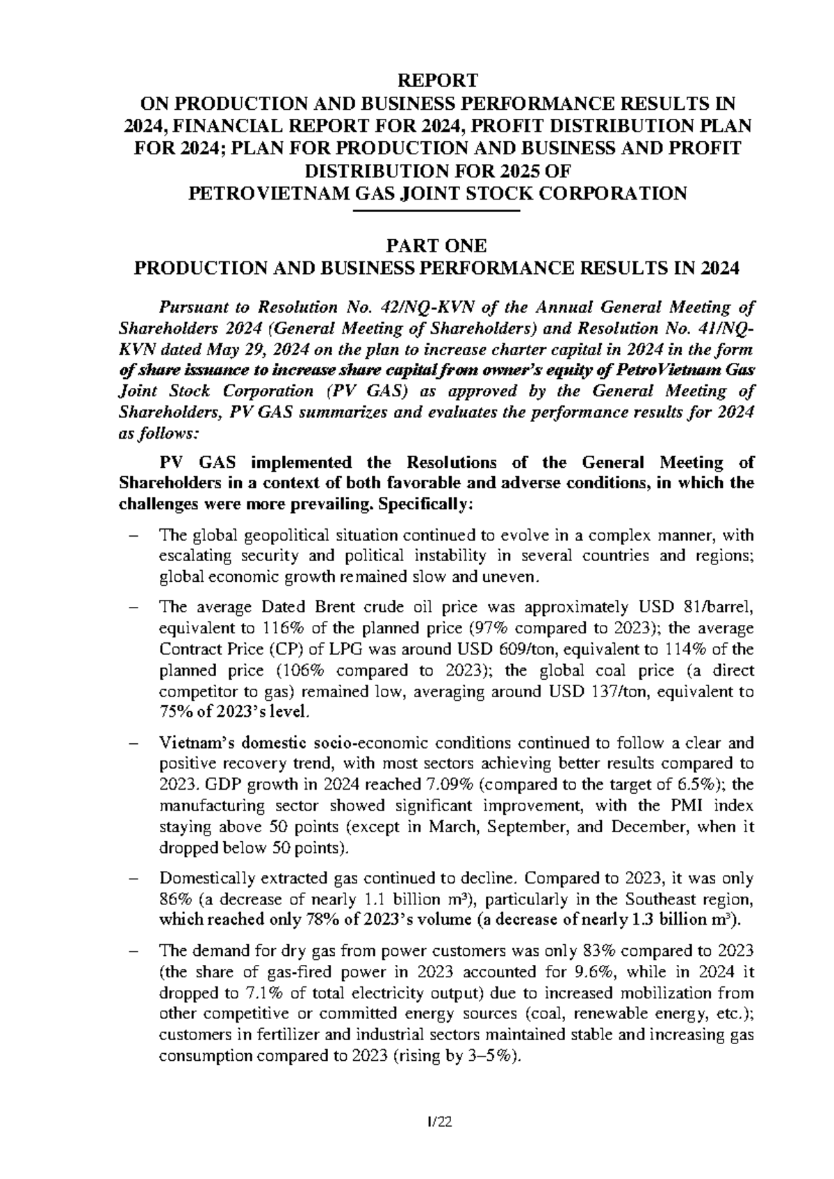 Report on Production & Business Results 2024 and Plan 2025 - PV GAS ...
