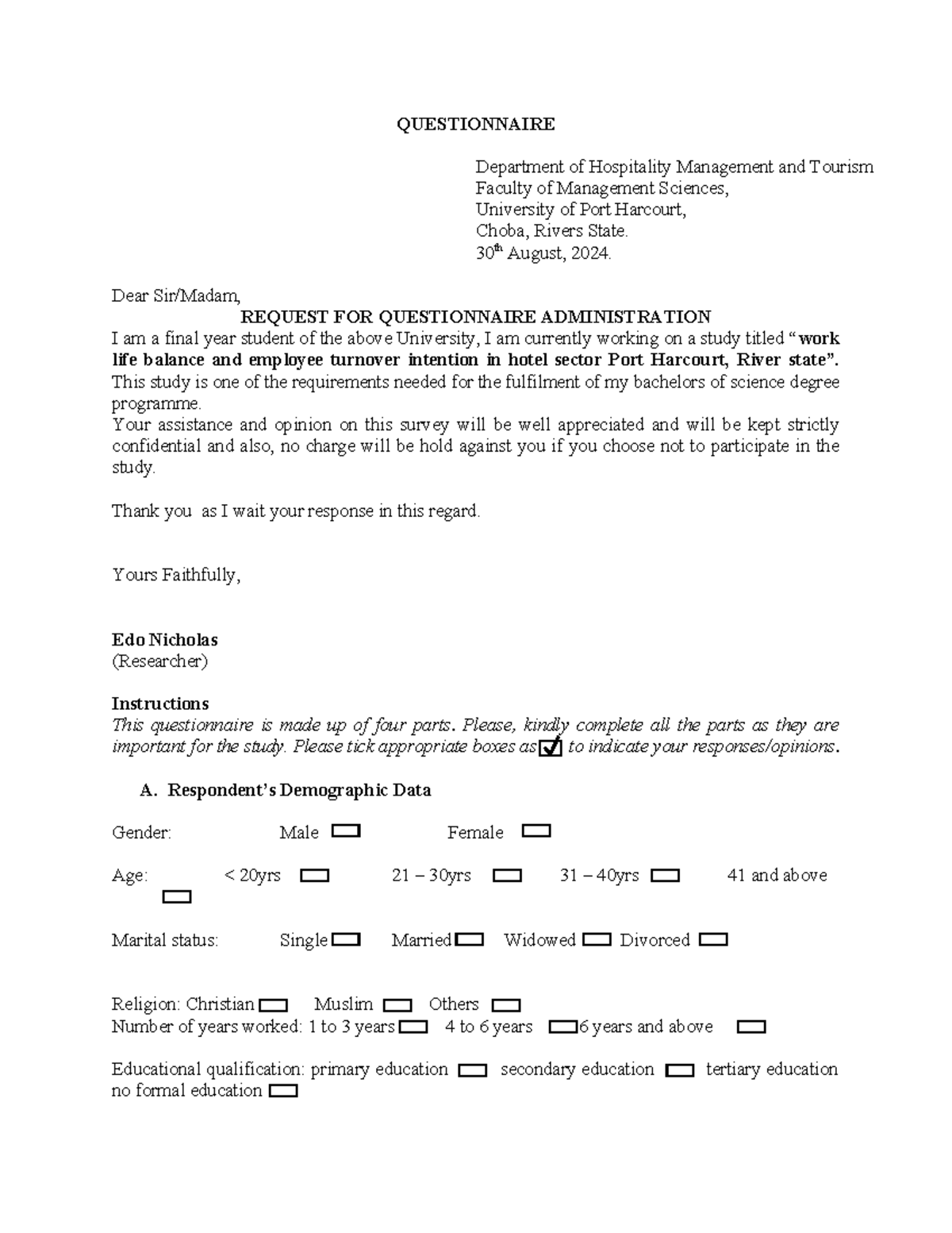 Final Year Questionnaire: Life Balance & Employee Turnover Intention in ...
