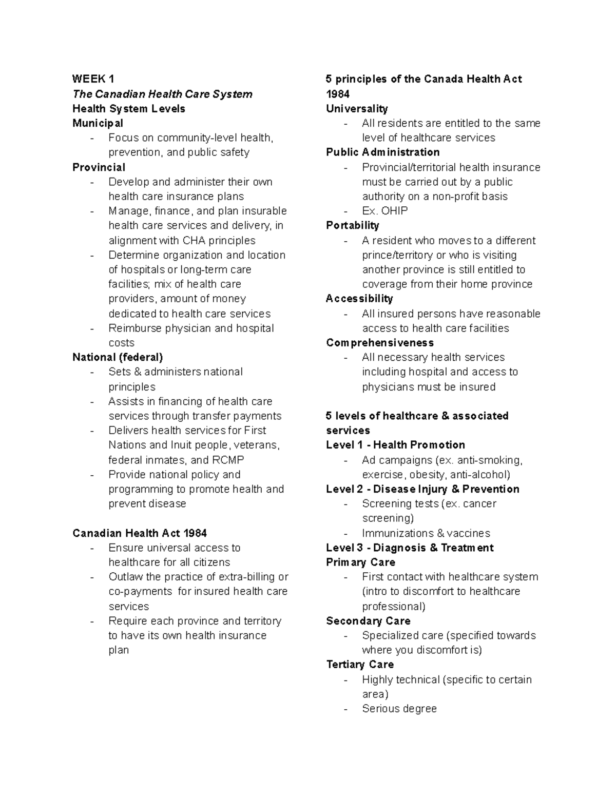 NURS 1098 - TERM TEST 1 Review: Canadian Health Care System Overview ...