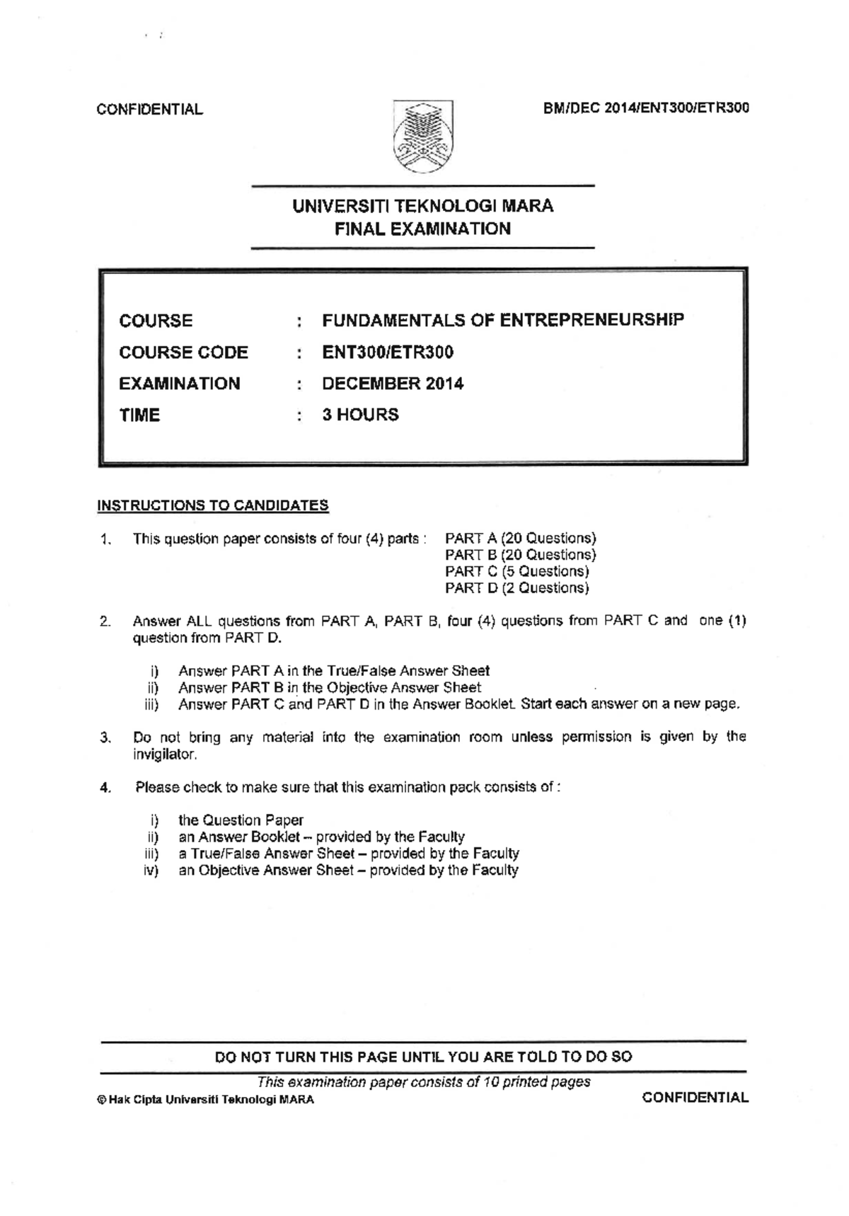 ENT300 FINAL EXAM DEC 2014 - FUNDAMENTALS OF ENTREPRENEURSHIP - Studocu