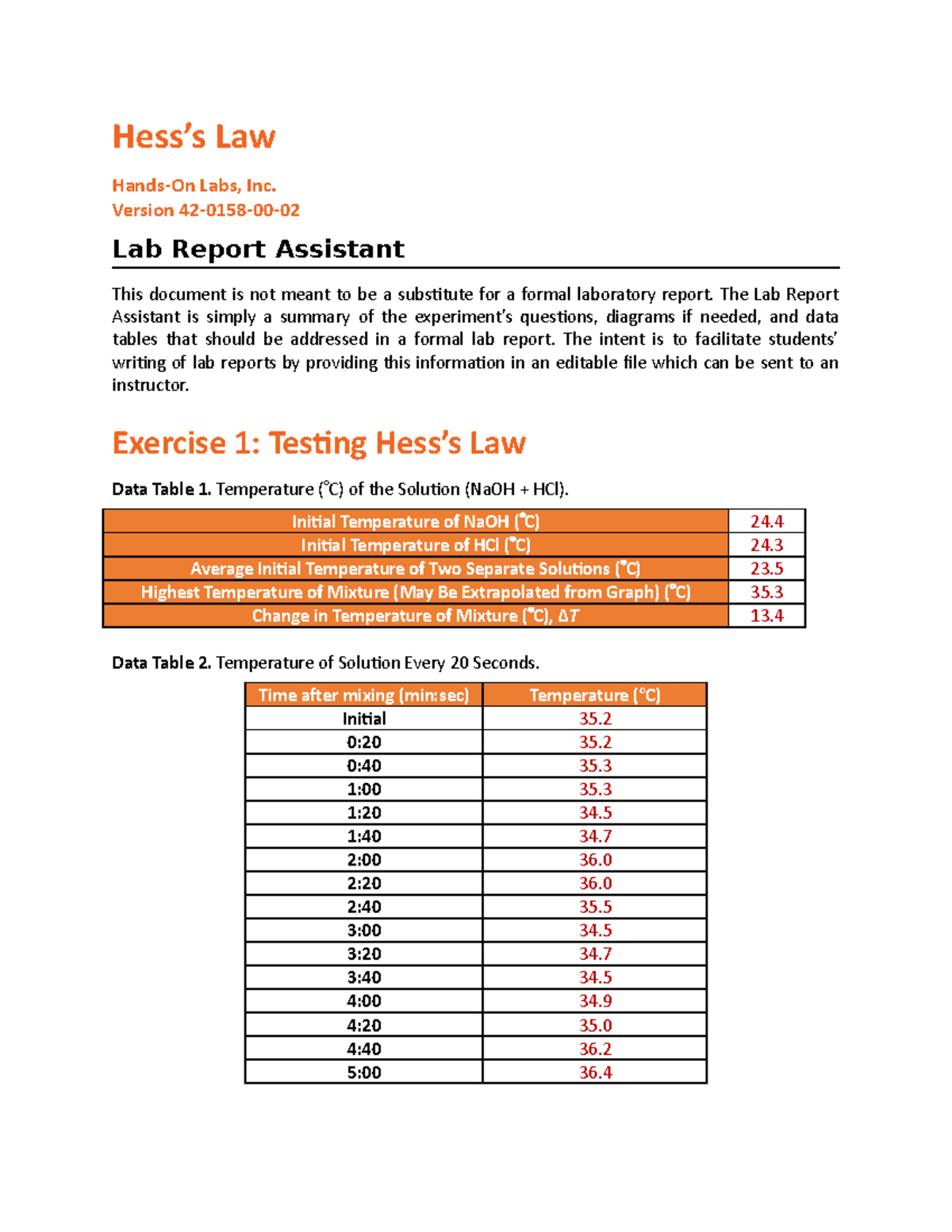 Hess's Law Lab Report Assistant (Course Code: 42-0158-00) - Studocu