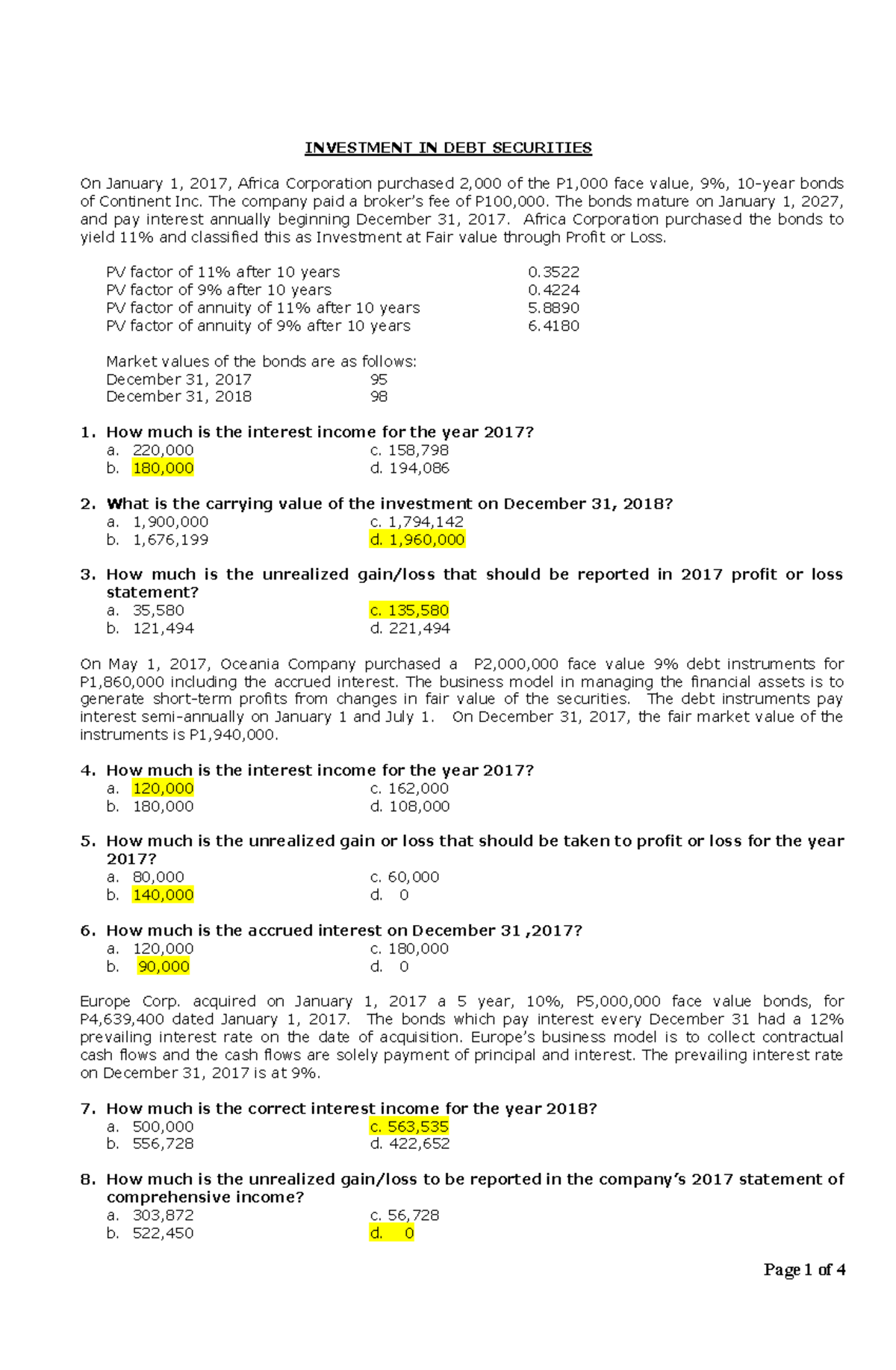 Investment in Debt Securities Handout Answer Key: Analysis & Solutions ...