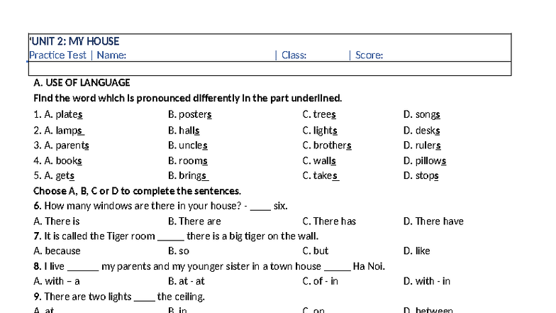 G6 Unit 2 Practice Test: My House Language Skills - Studocu