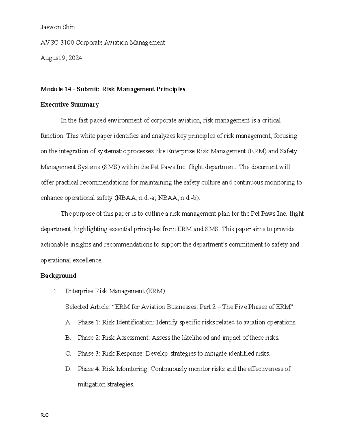 AVSC 3100 Corporate Aviation Management: Risk Management Principles ...