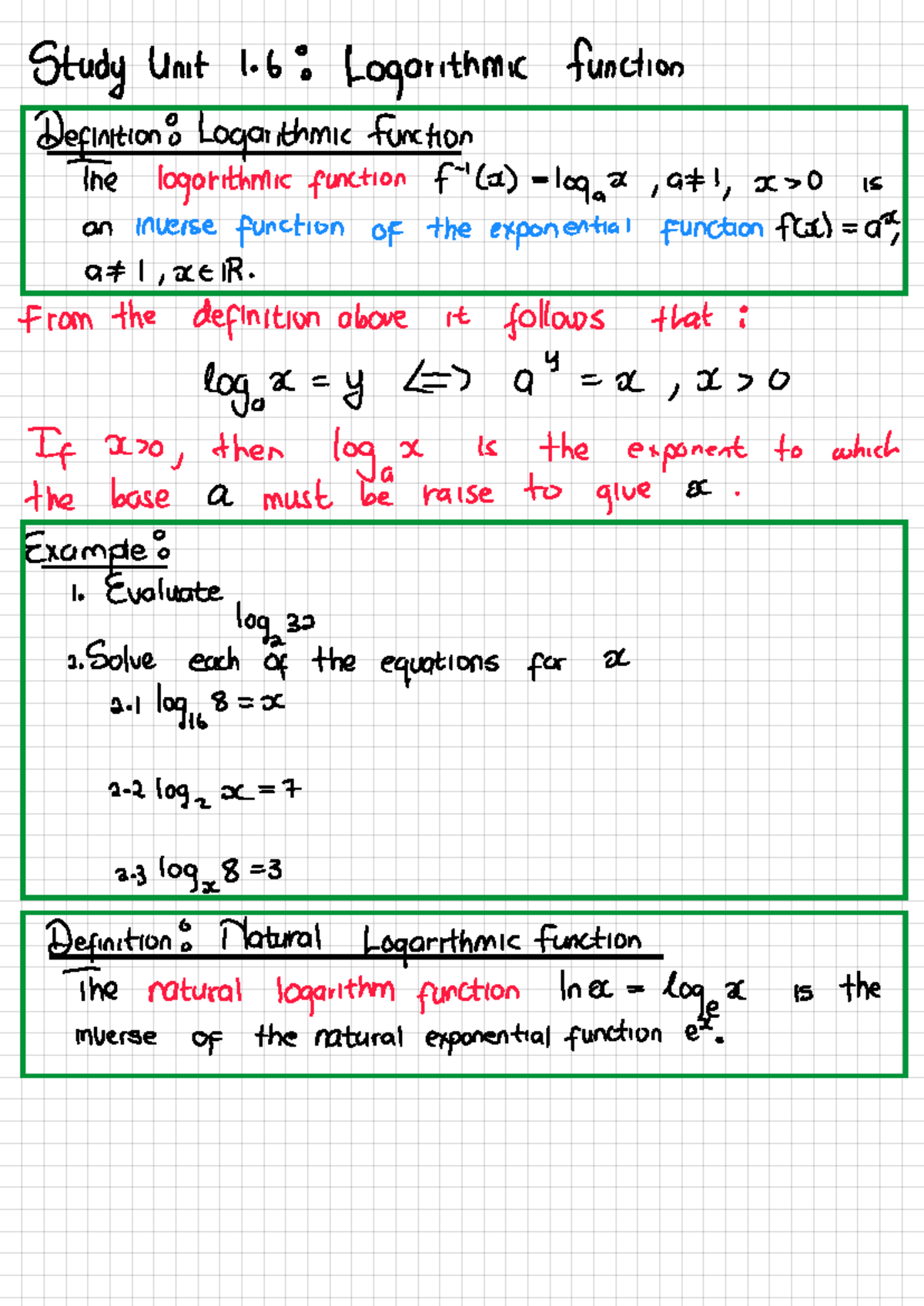 Study Unit 1.6: Logarithmic Functions Overview - Studocu