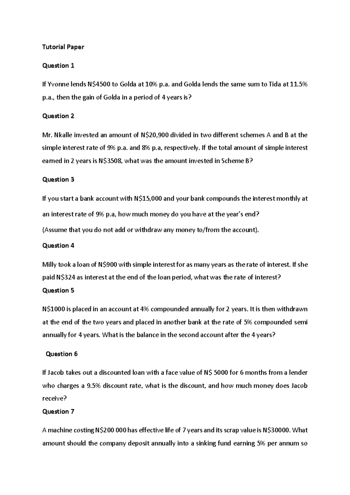 Tutorial Paper - QTM511S: Interest Calculations & Loan Scenarios - Studocu