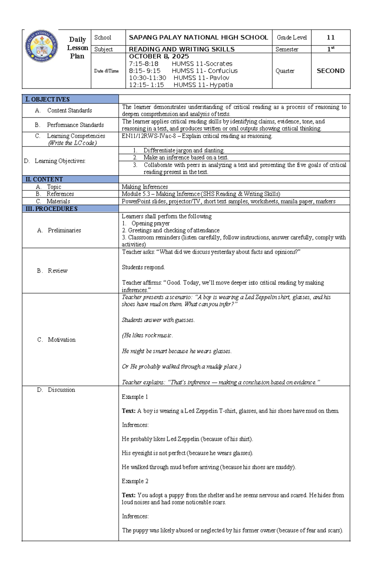 HUMSS 11 Lesson Plan: Critical Reading & Inference Skills - Studocu