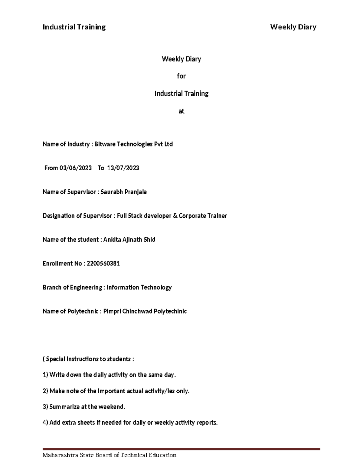 Weekly Diary for Industrial Training (IT-2200560381) at Bitware Tech ...