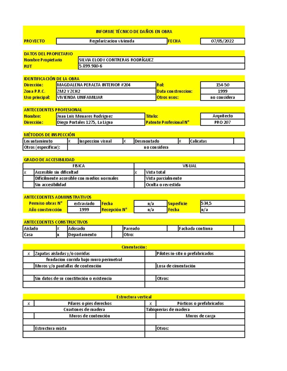 Informe Técnico de Daños en Regularización de Vivienda - PRO 207 - Document Preview