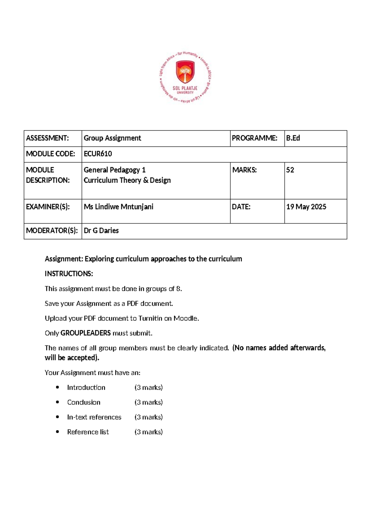ECUR610 Group Assignment: Curriculum Approaches in Pedagogy - Studocu
