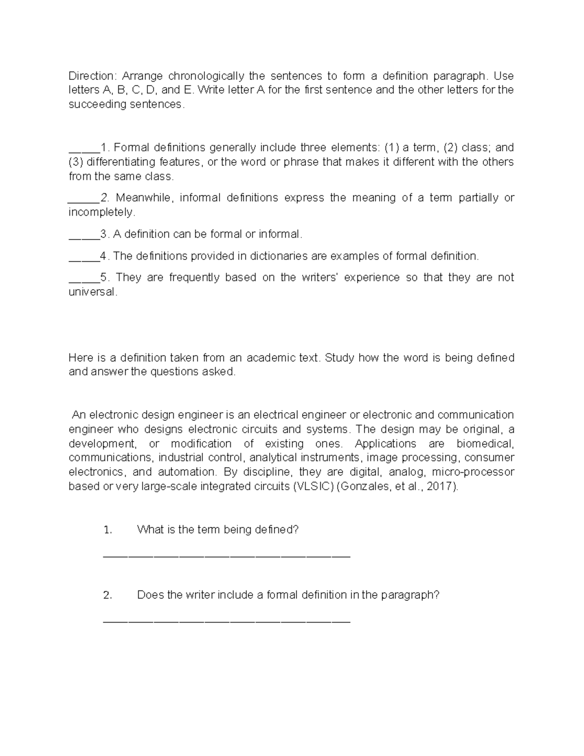 Long Quiz - Quiz on Definition Paragraph Structure and Elements - Studocu