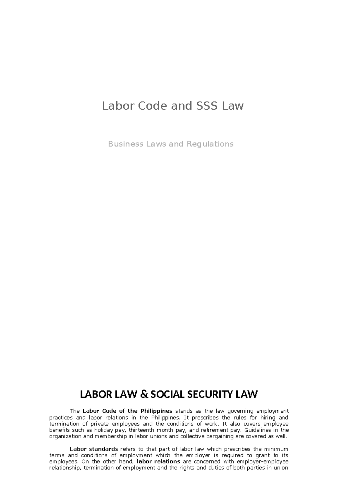 Labor Code and Social Security Law Overview (LABOR LAW) - Studocu