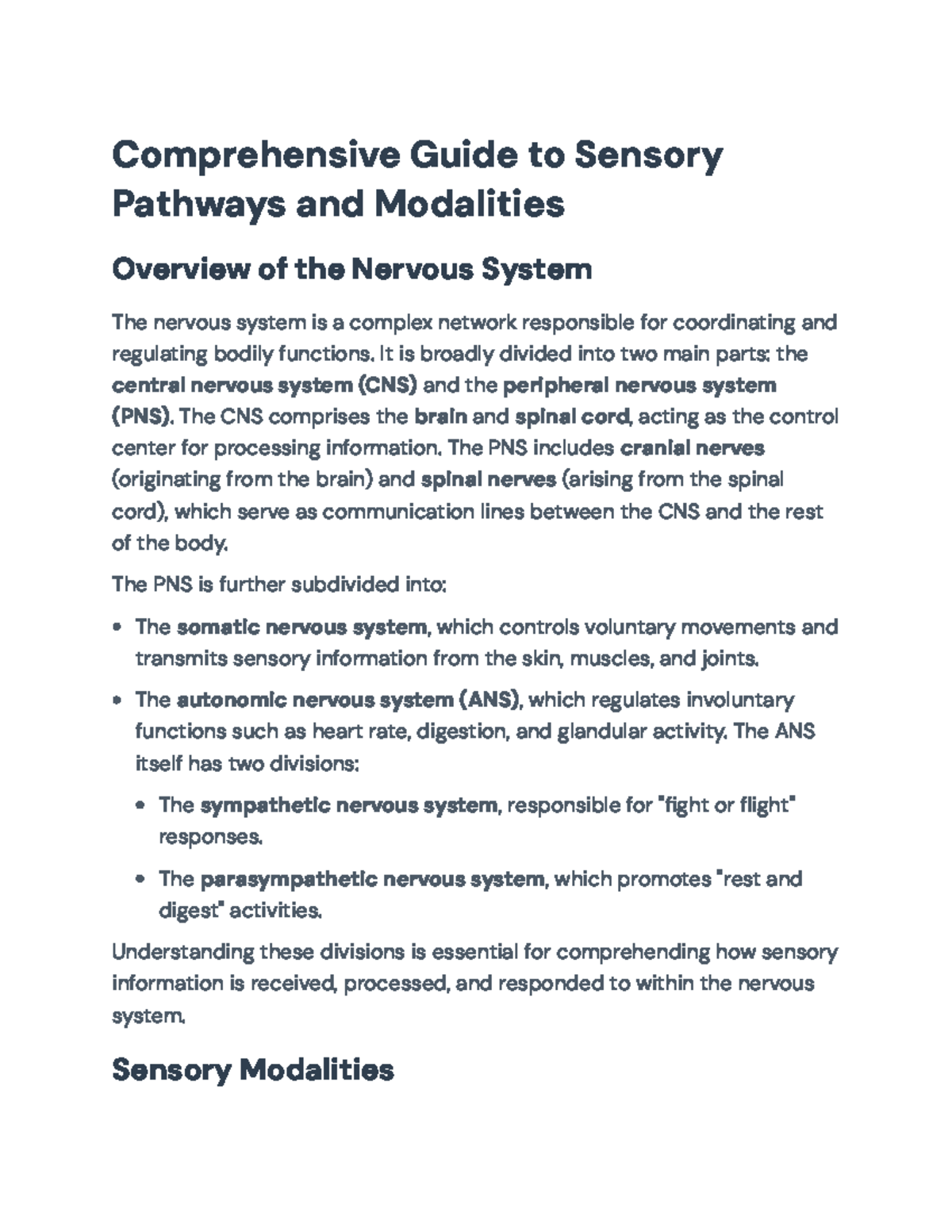 Comprehensive Guide to Sensory Pathways and Modalities in the Nervous ...