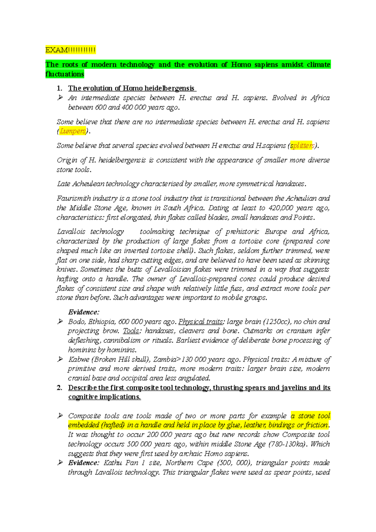 Final Exam Study Notes - Summary of Early & Middle Stone Age Evolution ...