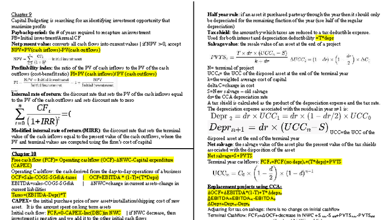 BU393 Midterm Cheat Sheet: Capital Budgeting Concepts and Calculations ...