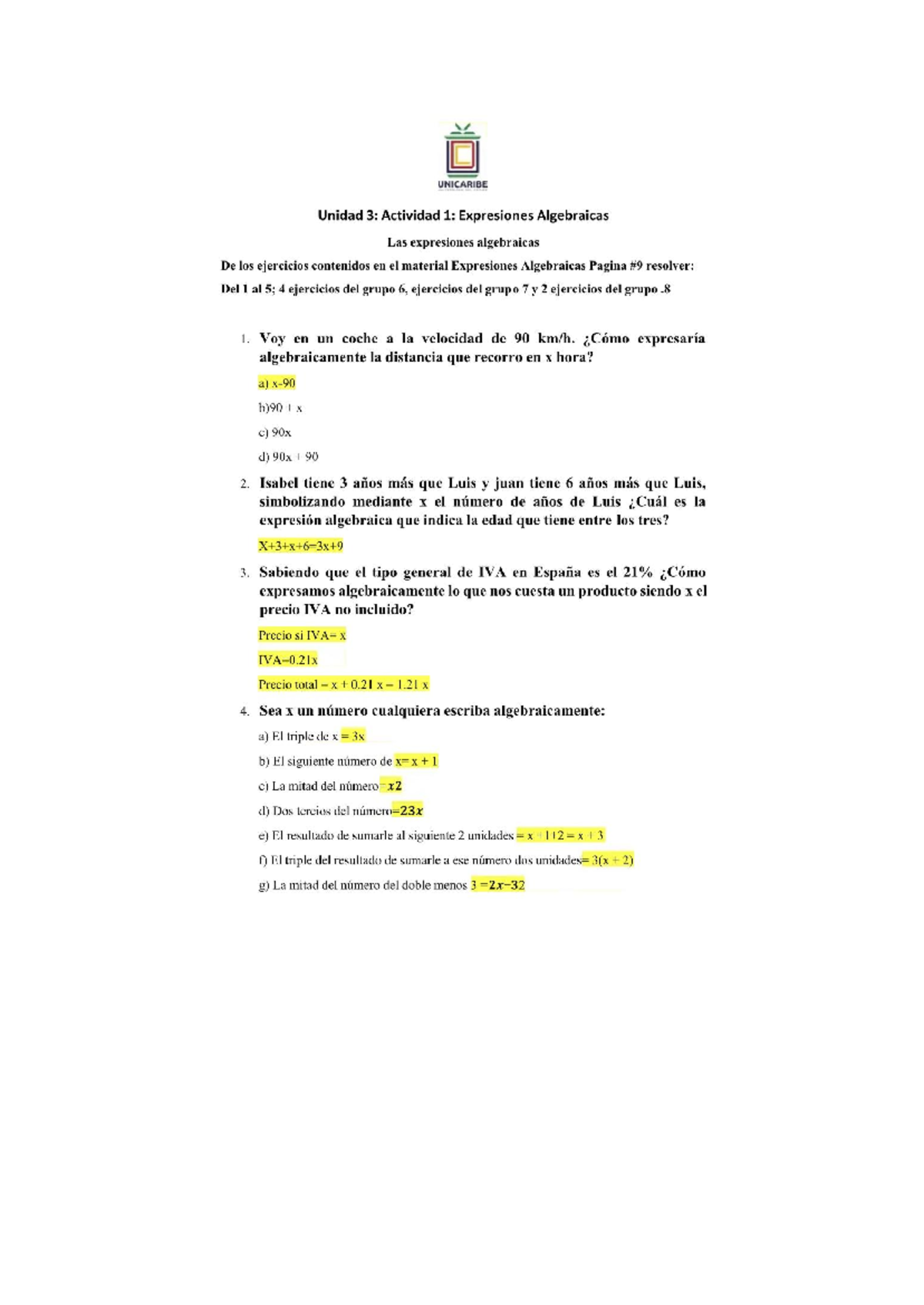 Unidad 3 Actividad 1: Conceptos de Expresiones Algebraicas - Studocu