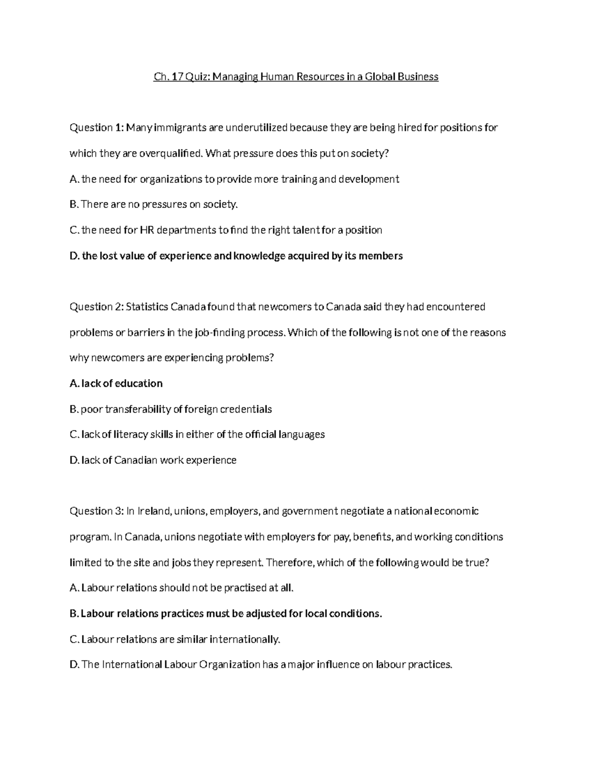 Ch. 17 Quiz Managing Human Resources in a Global Business - Ch. 17 Quiz ...
