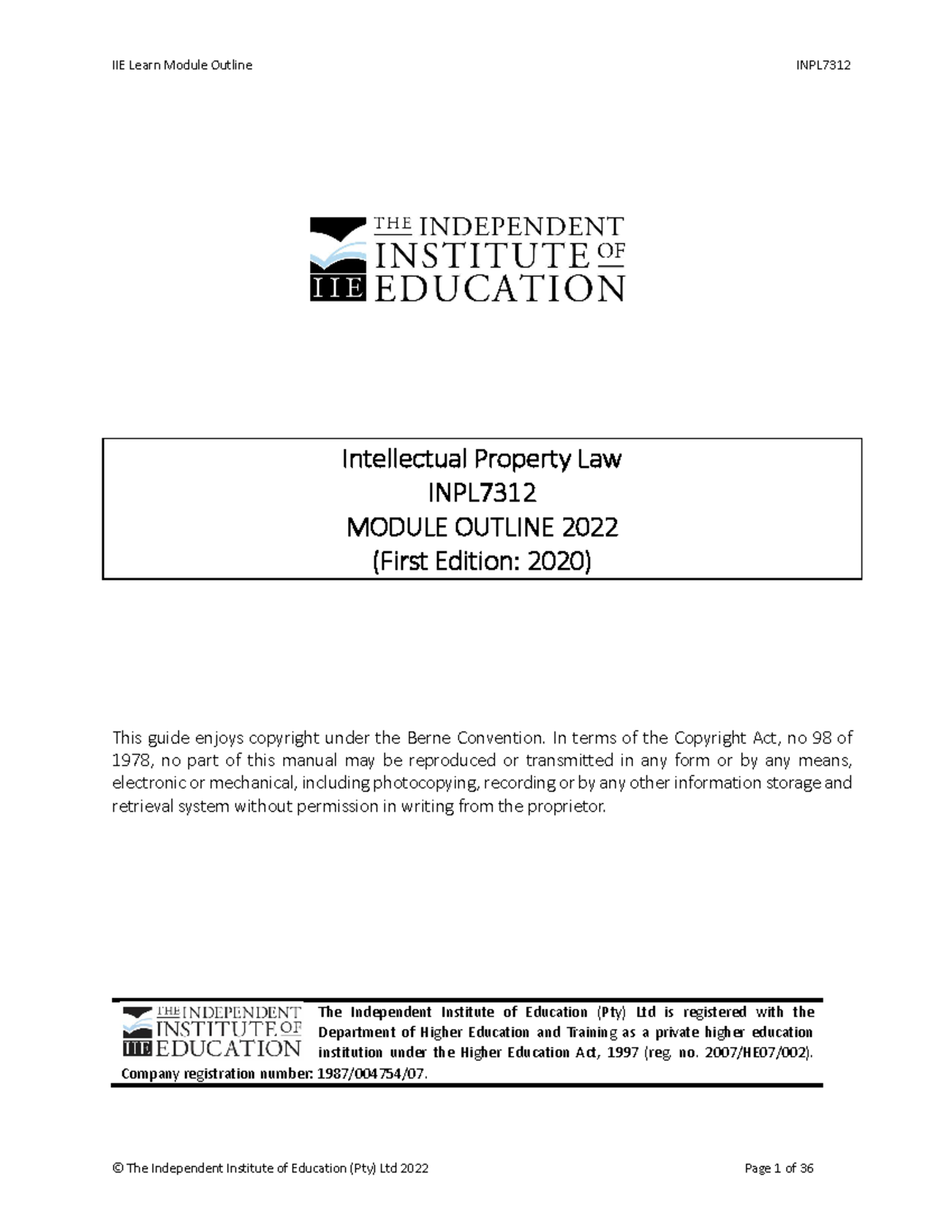 **Intellectual Property Law Module Outline INPL 7312 - 2022 Edition ...