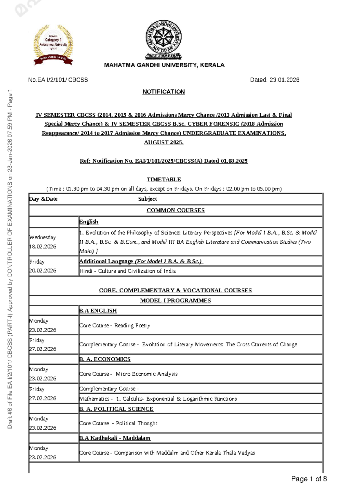 IV Semester CBCSS Timetable for B.Sc. Programs (2014-2016) - Studocu