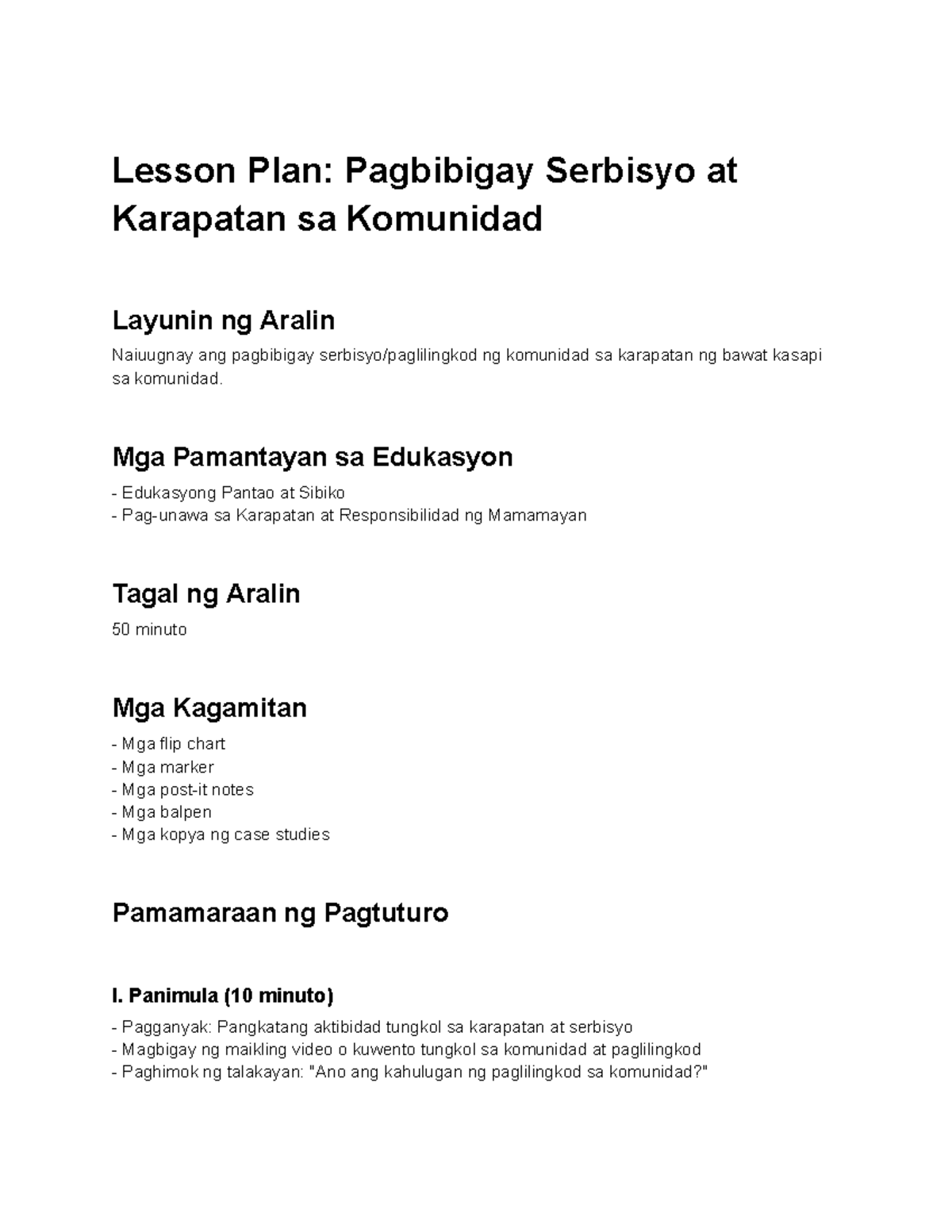 Lesson Plan: Pagbibigay Serbisyo at Karapatan sa Komunidad (50 min ...