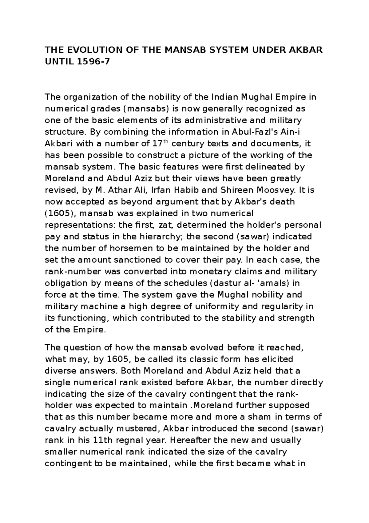 294290307-Mansabdari System Evolution Under Akbar (Until 1596) - Studocu