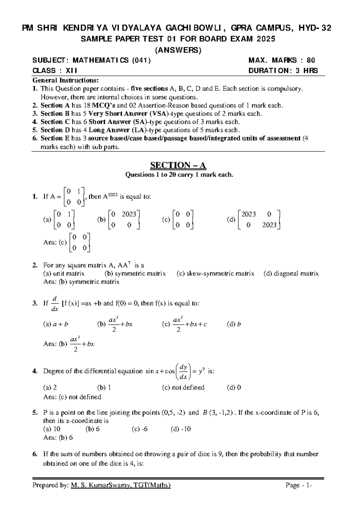 Maths class xii sample paper test 01 for board exam 2025 answers - PM ...