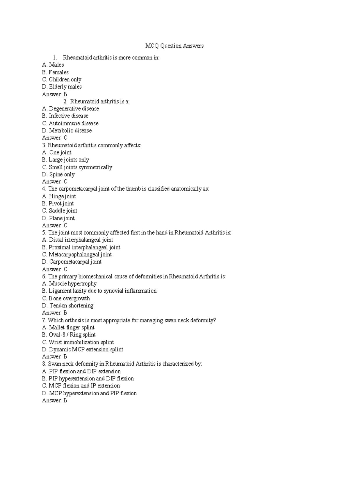 MCQ Practice Questions on Rheumatoid Arthritis (RA) - Studocu